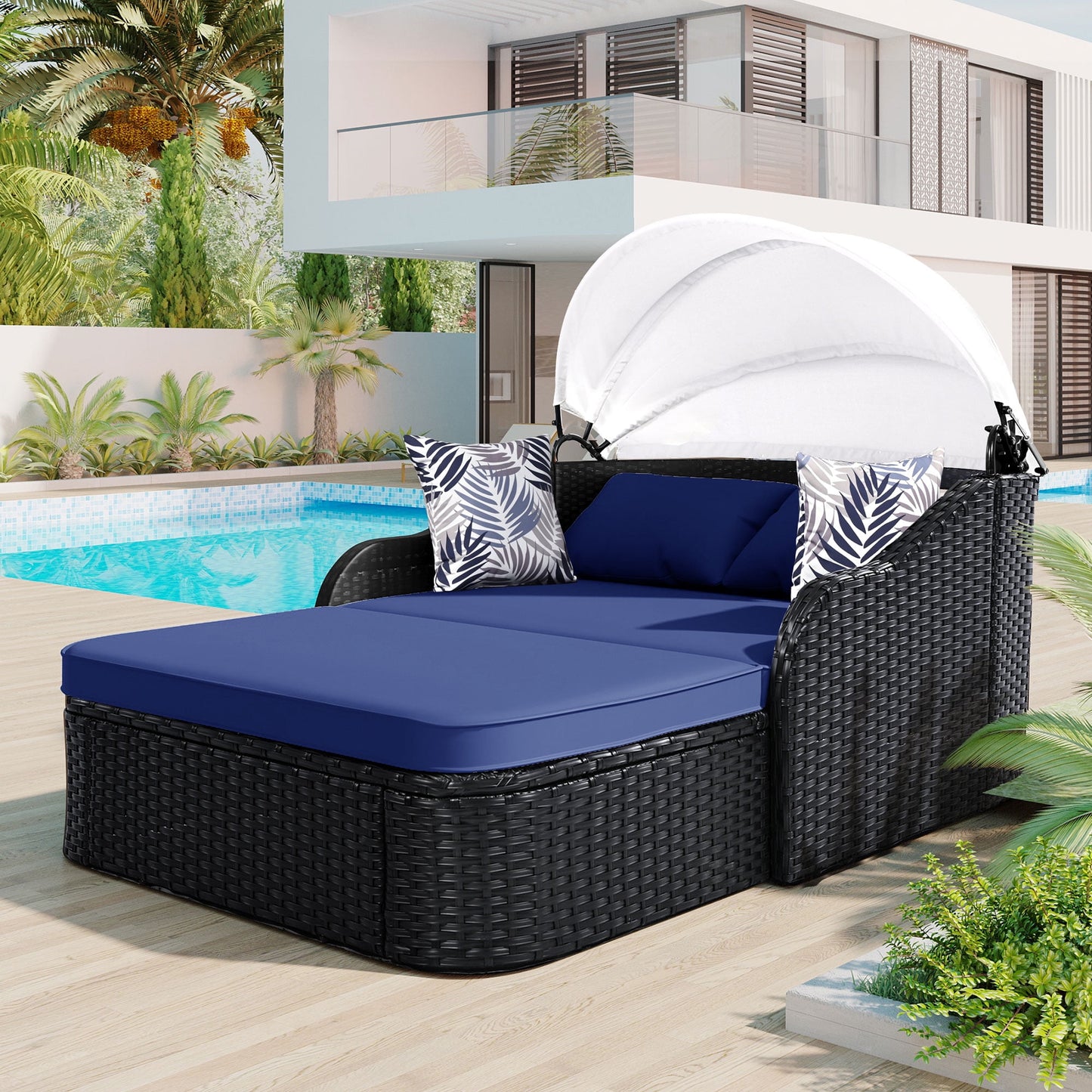 Enyopro Outdoor Double Daybed with Adjustable Canopy, PE Rattan Patio Sunbed Lounger with Cushions and Pillows, Black Wicker and Beige Cushions for Backyard, Poolside, Garden, Blue