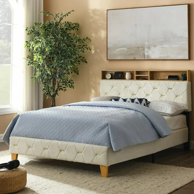 SESSLIFE Platform Bed Frame Full, Gray Upholstered Platform Bed with Outlet & USB Ports, No Box Spring Needed, Easy Assembly