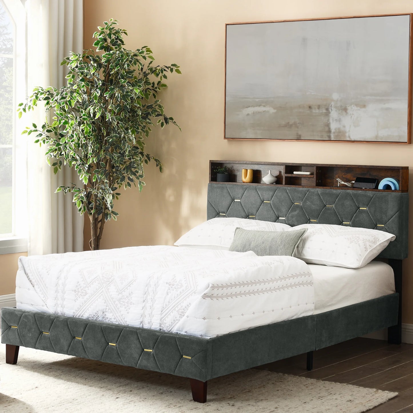 SESSLIFE Platform Bed Frame Full, Gray Upholstered Platform Bed with Outlet & USB Ports, No Box Spring Needed, Easy Assembly
