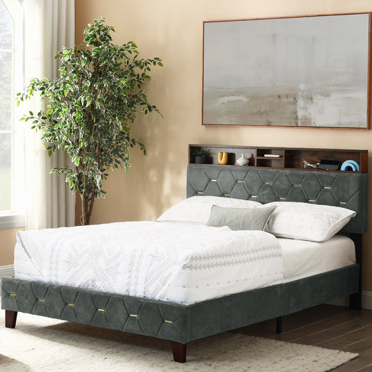SESSLIFE Platform Bed Frame Full, Gray Upholstered Platform Bed with Outlet & USB Ports, No Box Spring Needed, Easy Assembly