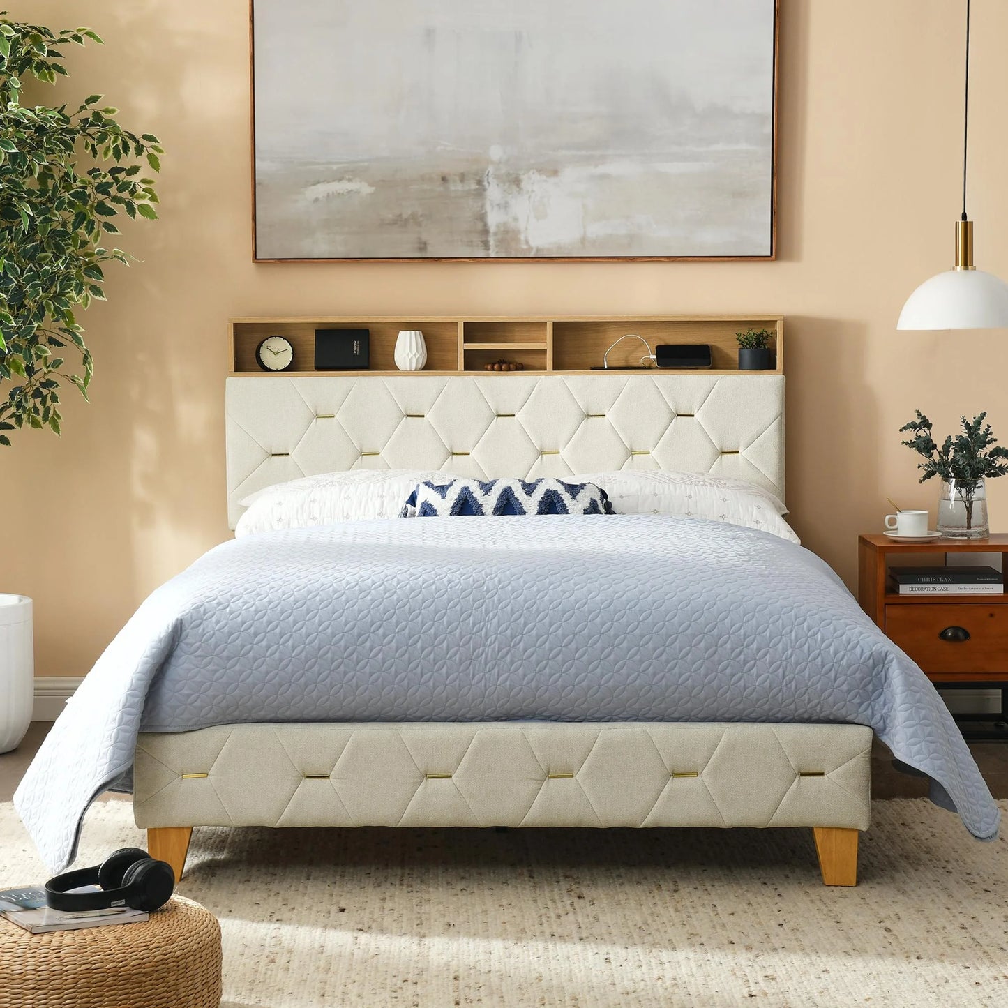 SESSLIFE Platform Bed Frame Full, Gray Upholstered Platform Bed with Outlet & USB Ports, No Box Spring Needed, Easy Assembly