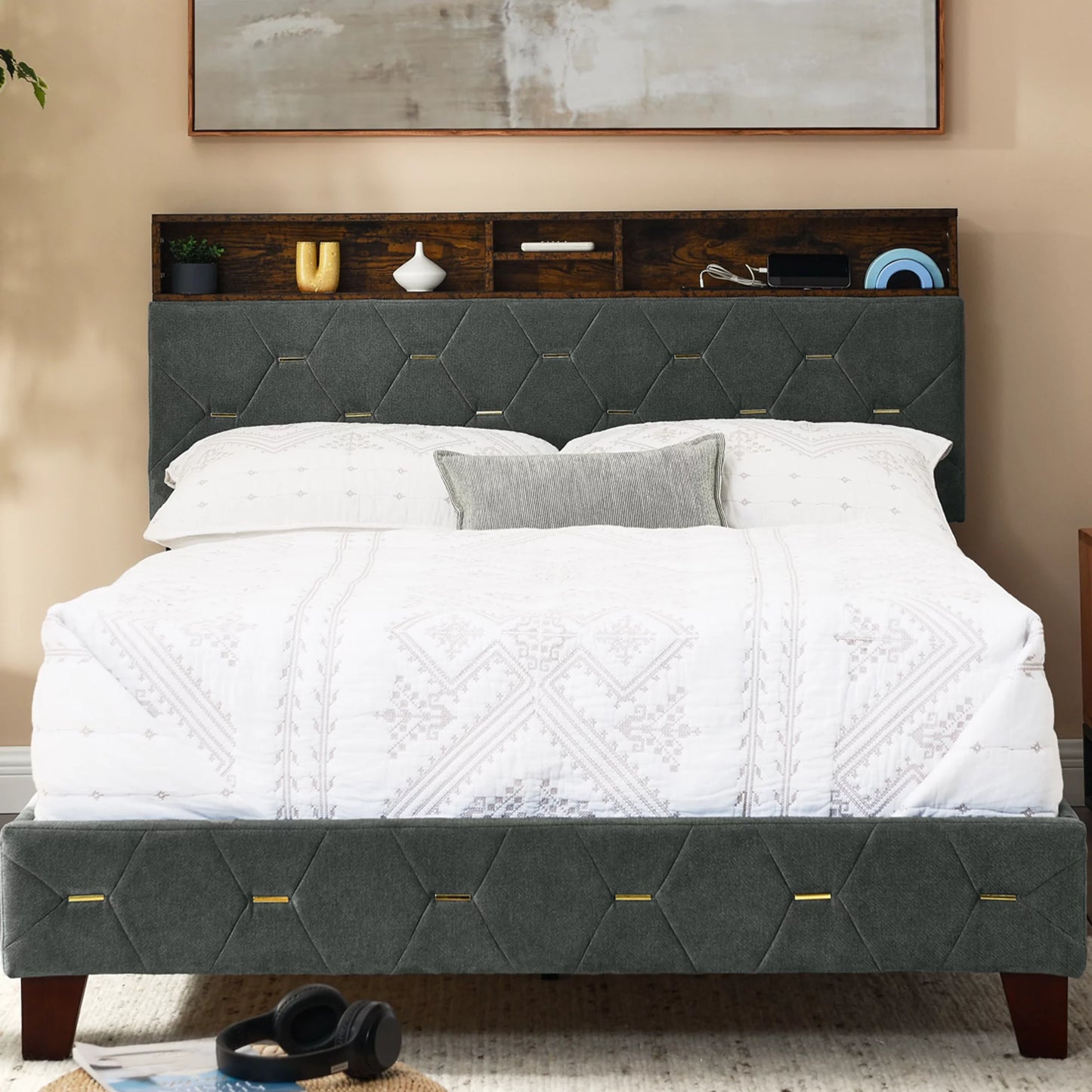 SESSLIFE Platform Bed Frame Full, Gray Upholstered Platform Bed with Outlet & USB Ports, No Box Spring Needed, Easy Assembly