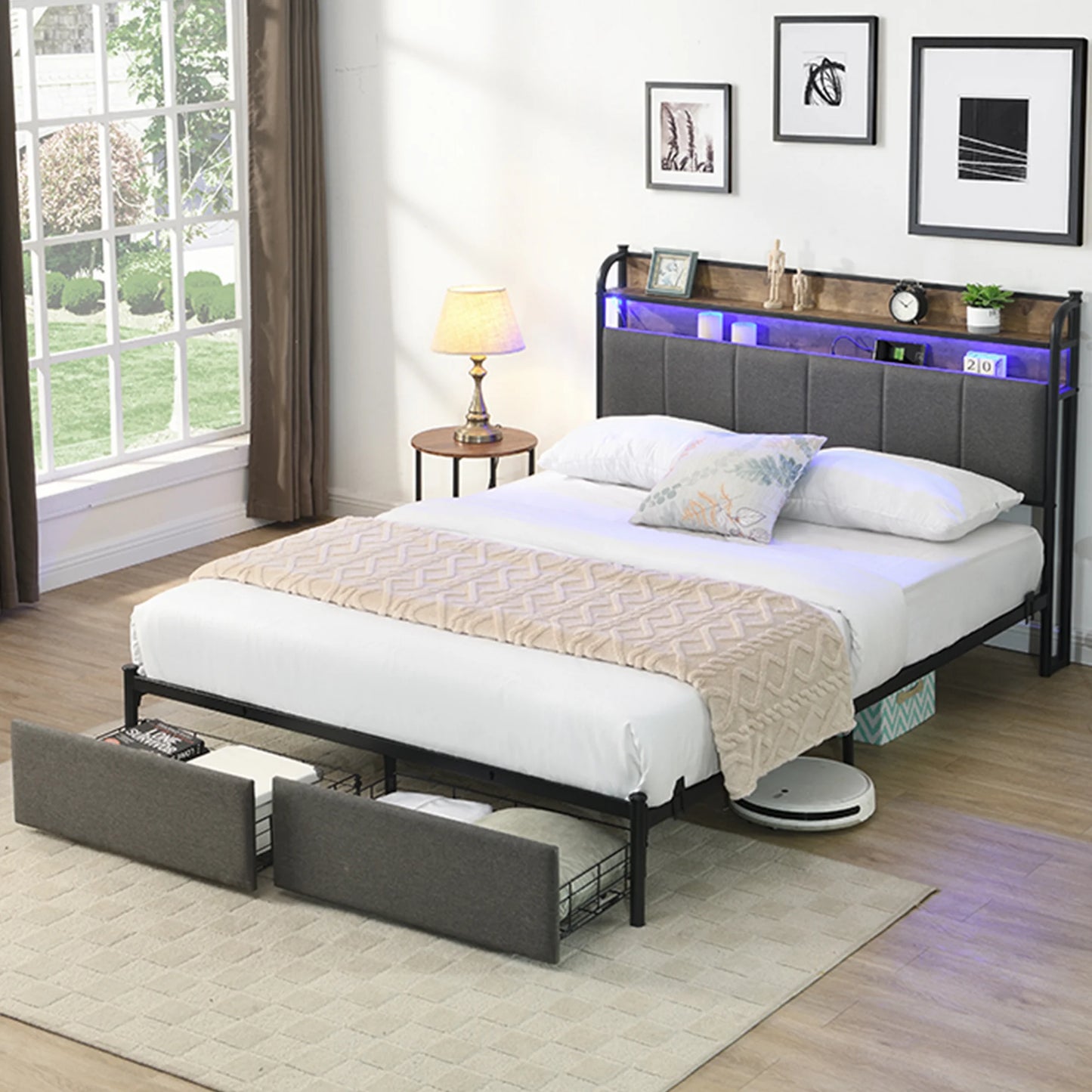 ENYOPRO Twin Size Platform Bed with LED Light and Charging Station, Metal Bed with Storage Headboard & Drawers, Steel Slat Support, No Box Spring Needed, Easy Assembly