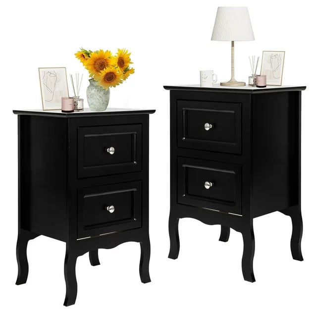 SESSLIFE Set of 2 Nightstand 2 Drawers End Table Storage Wood Cabinet Bedroom Accent Side Table (Black)