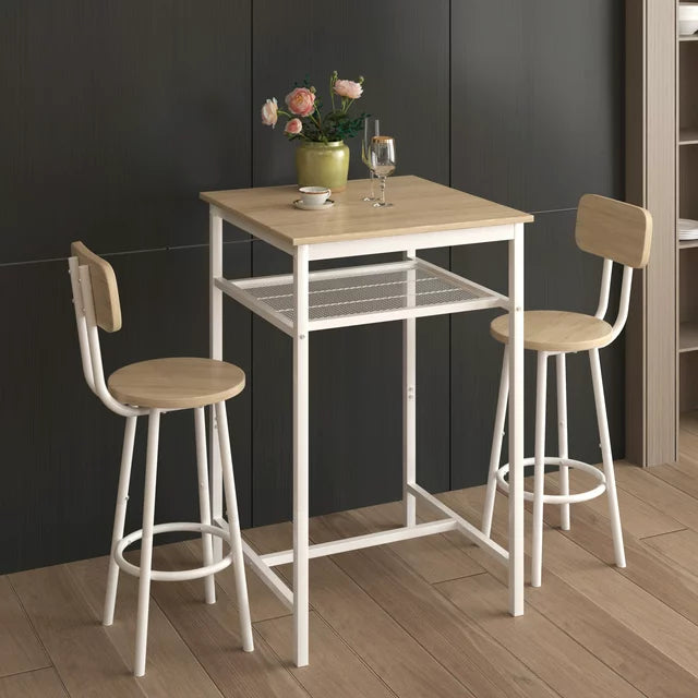 SESSLIFE 3-Piece Round Bar Table Set for 2, Wood Tabletop and Chairs with Back, Small Dining Table for Kitchen Breakfast Nook Living Room Dinette (Brown)