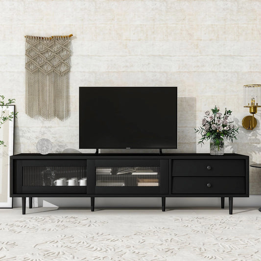 SESSLIFE Black TV Stand with Sliding Fluted Glass Doors for 75 Inch TV, Modern TV Cabinet with 2 Drawers, Living Room Entertainment Center