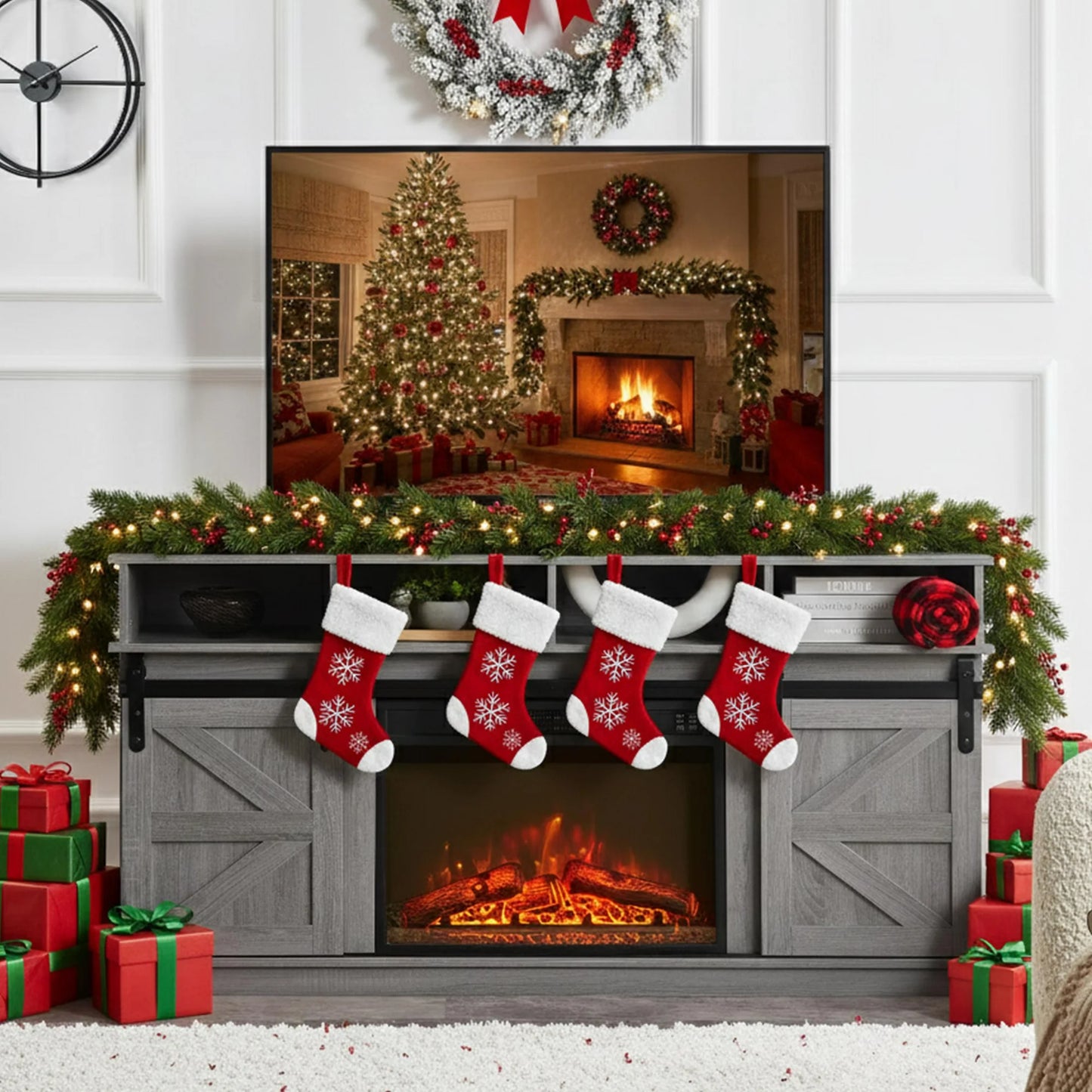 SESSLIFE Fireplace TV Stand with LED Light for 65 Inch TV, TV Console with Electric Fireplace, Console Entertainment Center Television Table for Living Room or Bedroom, White+Brown