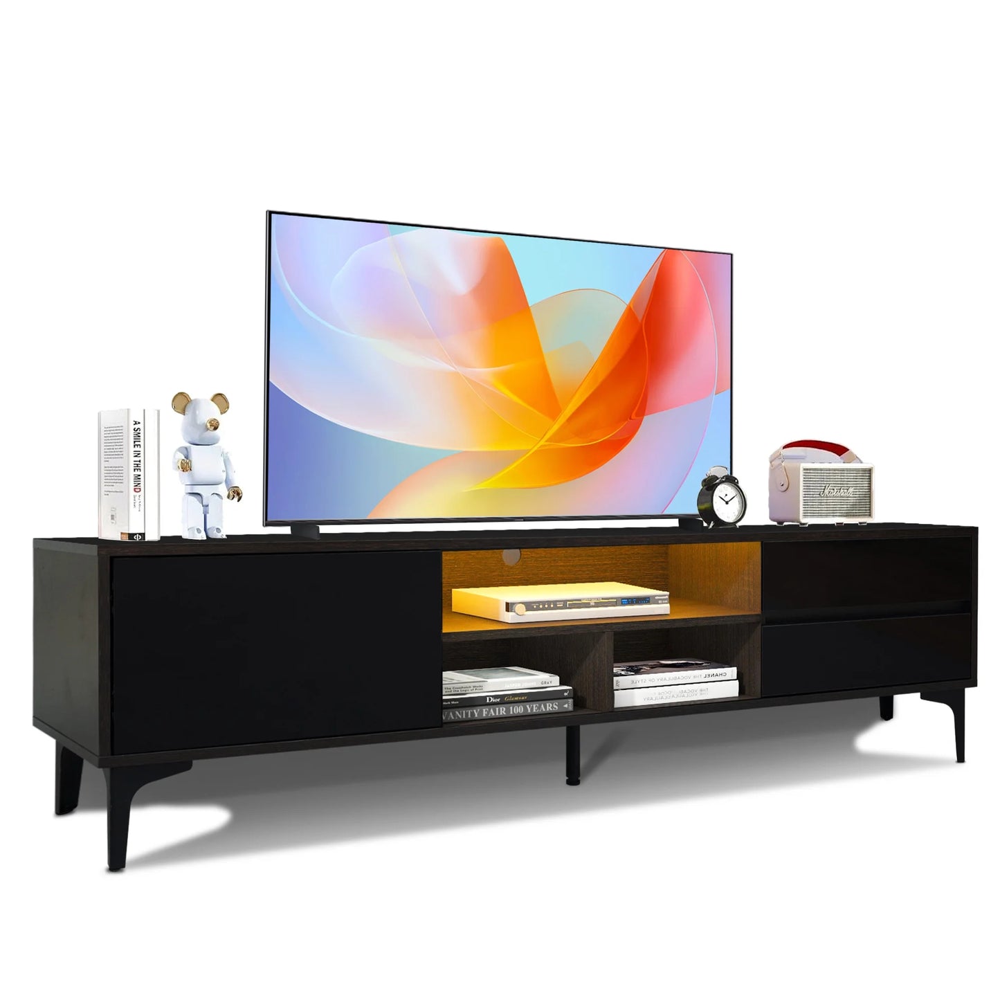 SESSLIFE TV Console Table for 70 Inch TV, Large Television Stand with RGB LED Lights, Farmhouse Wood Entertainment Center， TV Cabinet with 2 Drawers, TV Cabinet for Living Room, Bedroom