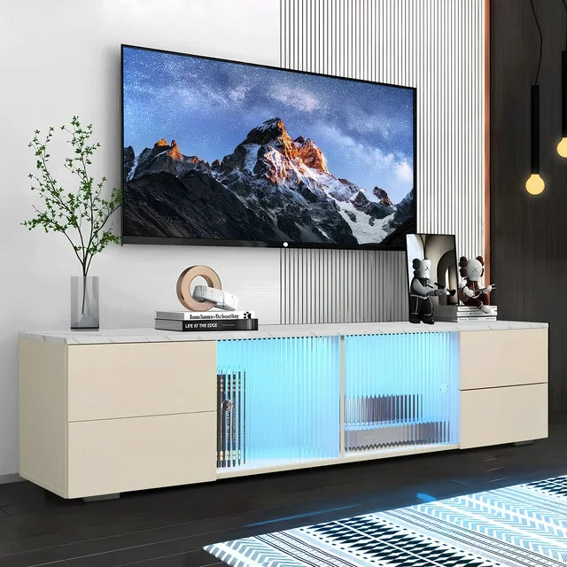 SESSLIFE TV Stand for 70 Inch TV, Large Television Stand with RGB LED Lights, Modern Wood Entertainment Center，TV Cabinet with Drawers, TV Cabinet for Living Room, Bedroom, Black