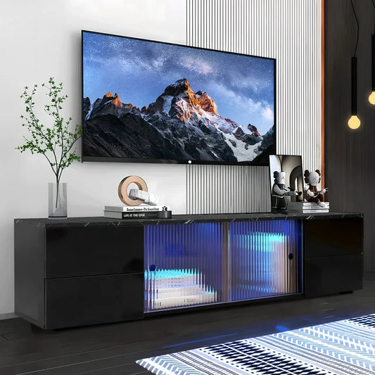 SESSLIFE TV Stand for 70 Inch TV, Large Television Stand with RGB LED Lights, Modern Wood Entertainment Center，TV Cabinet with Drawers, TV Cabinet for Living Room, Bedroom, Black