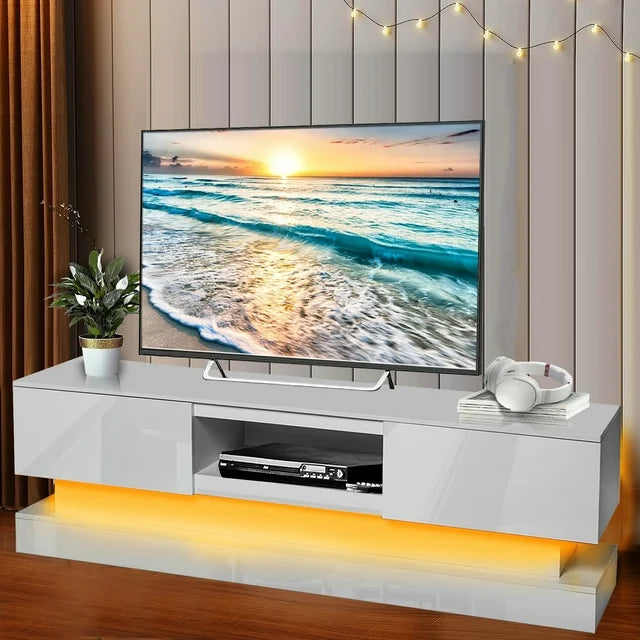 SESSLIFE TV Stand with LED Lights for 70 Inch TV, Gaming Entertainment Center with Storage Drawers, Game Console TV Cabinet Entertainment Stand with Shelves for Living Room, Bedroom, White