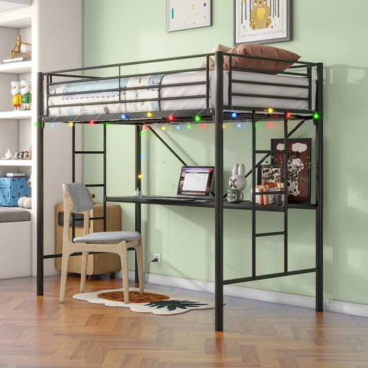 Sesslife Twin Size Loft Bed with Desk, Metal Loft Bed Frame with 2 Vertical Ladders and Safety Guardrails, LED Loft Bed with Charging Station for Kids Teens Adults, No Box Spring Needed, Black