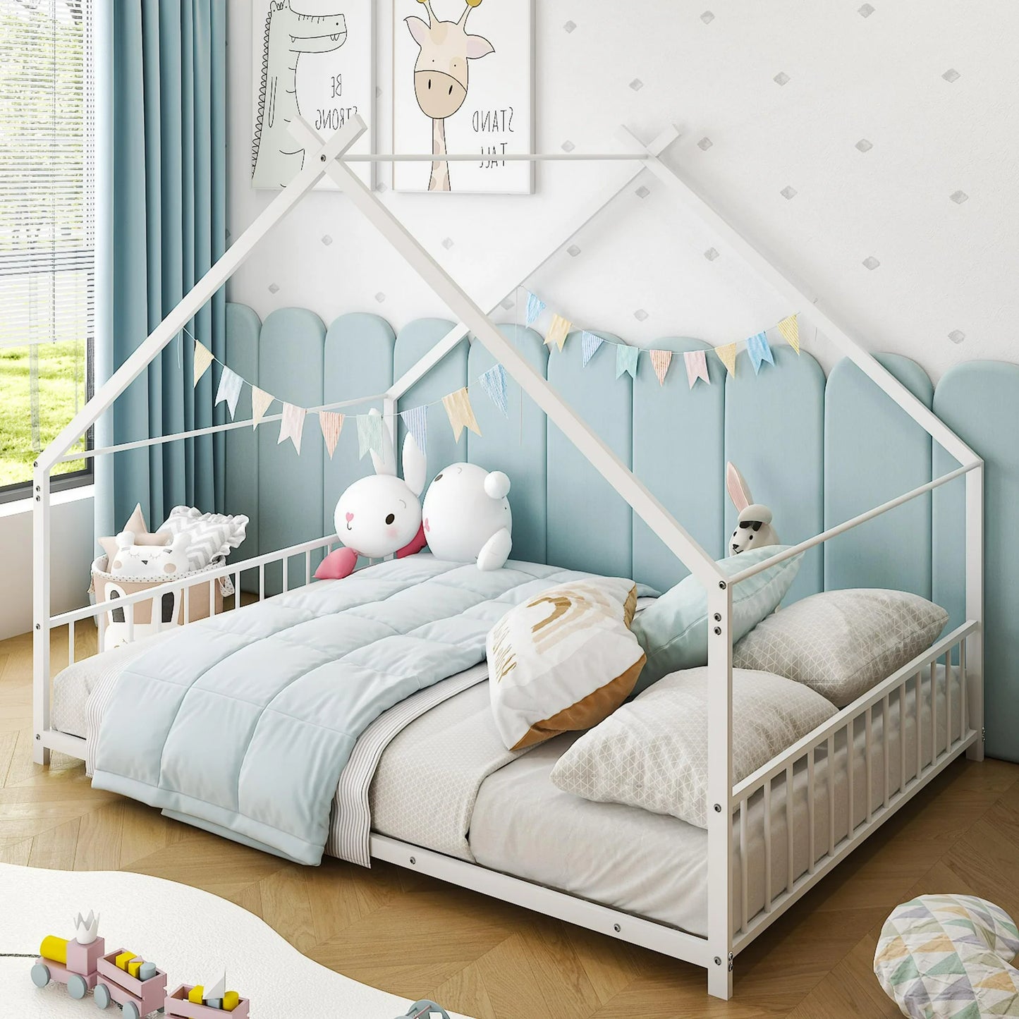 Twin House Bed with Roof and Chimney, Kids Floor House Bed Frame, Box Spring Needed, Easy Assembly, White