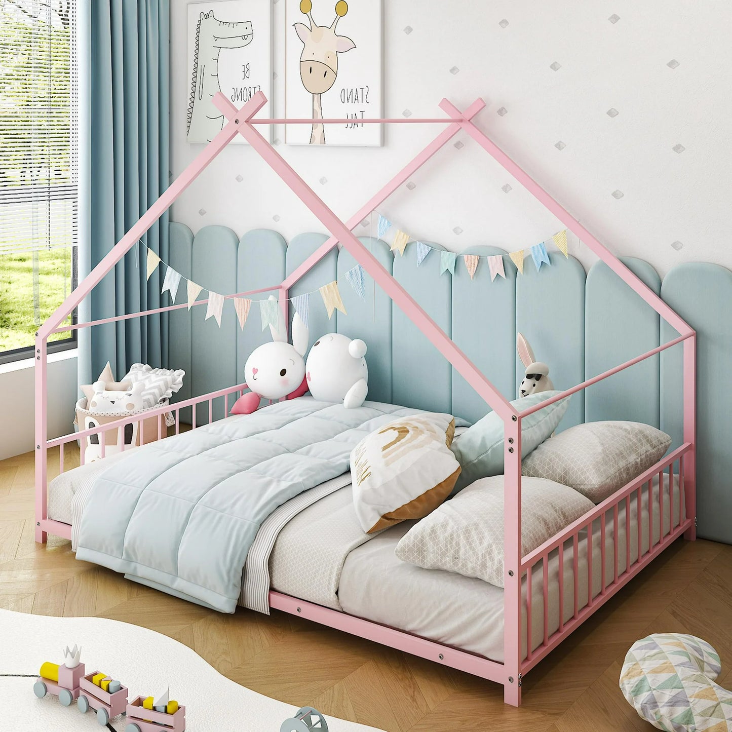 Twin House Bed with Roof and Chimney, Kids Floor House Bed Frame, Box Spring Needed, Easy Assembly, White