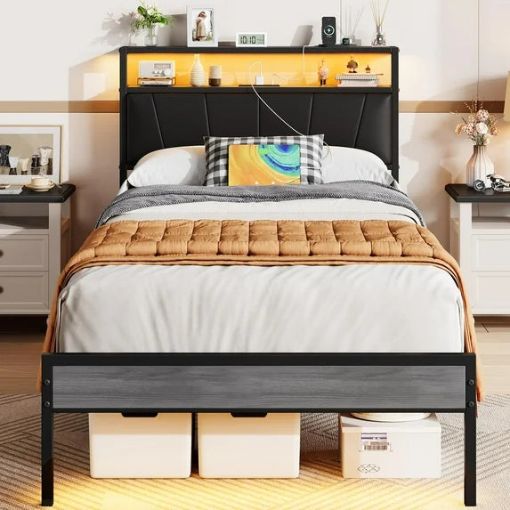 ENYOPRO Twin Bed Frame with LED Light and USB Charging Station, Heavy Duty Platform Bed Frame with 2-Tier Storage Headboard, No Box Spring Needed, Strong Steel Slats, Noise Free, Gray+Brown