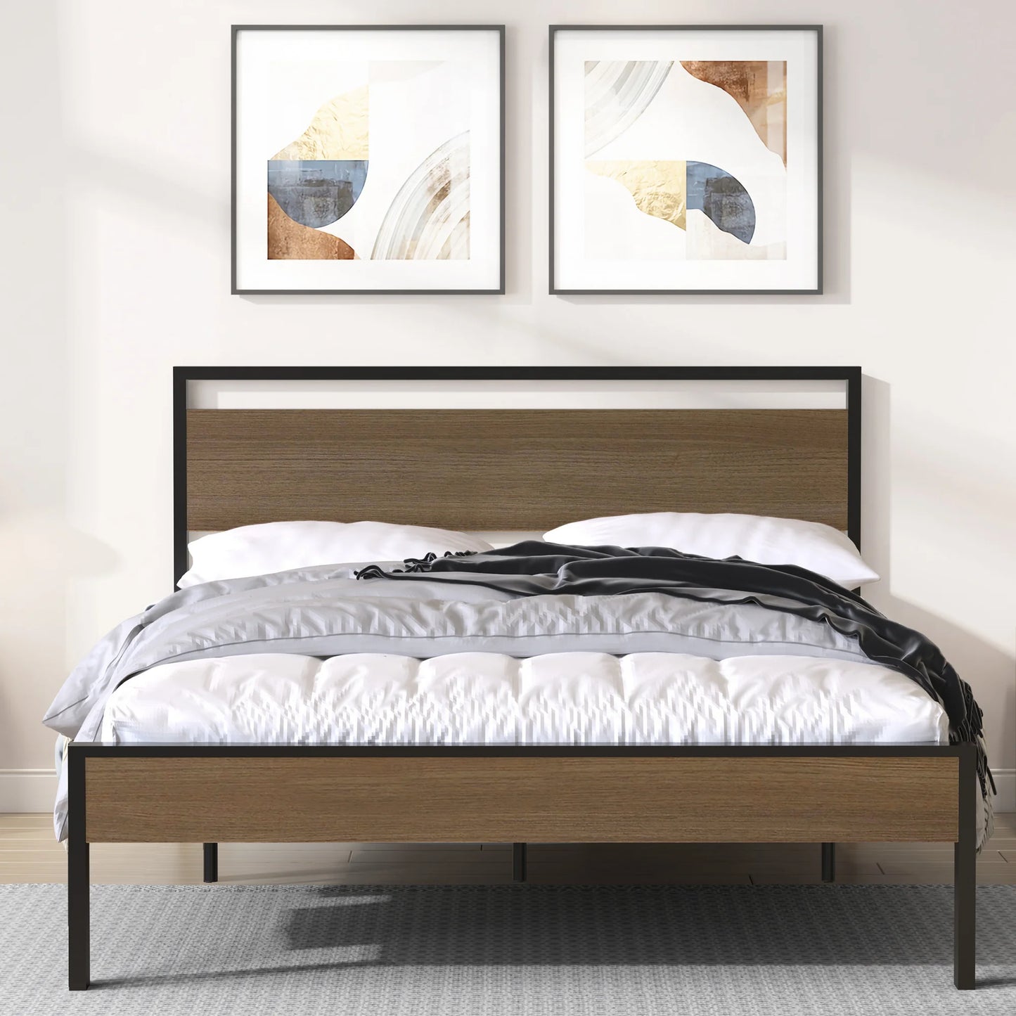 SESSLIFE Queen Size Platform Bed, Metal Bed with Walnut Wood Headboard&Footboard, Steel Slat Support, No Box Spring Needed, Easy Assembly