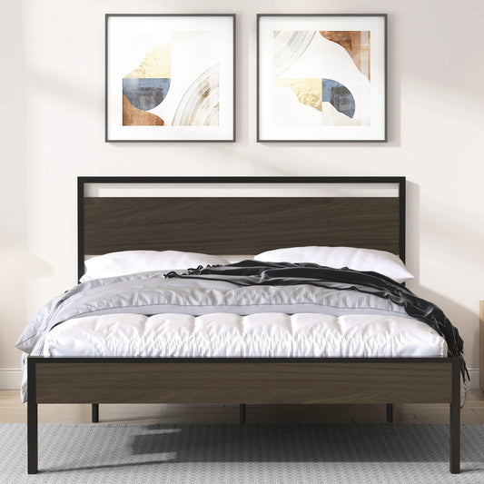 SESSLIFE Queen Size Platform Bed, Metal Bed with Walnut Wood Headboard&Footboard, Steel Slat Support, No Box Spring Needed, Easy Assembly