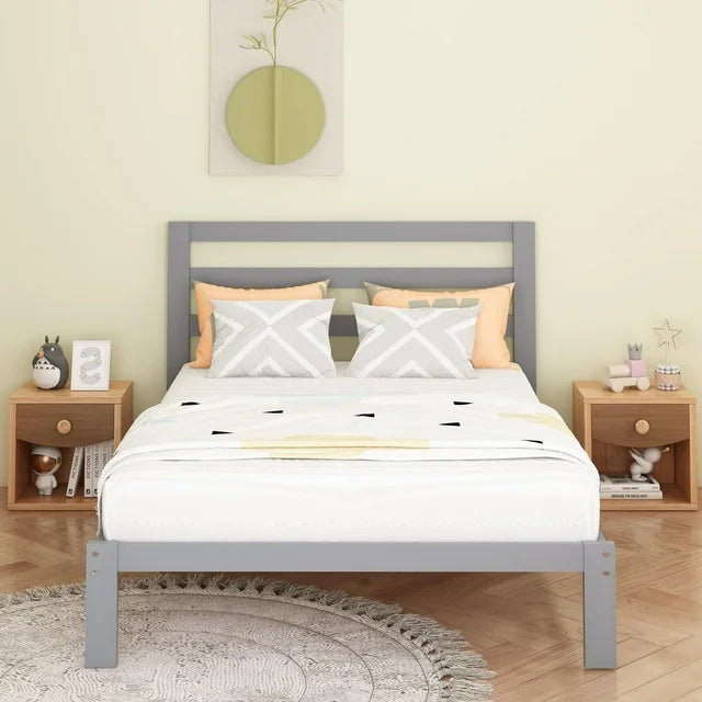 SESSLIFE Twin Size Platform Bed, Wood Twin Bed Frame with Headboard, No Box Spring Needed, Gray