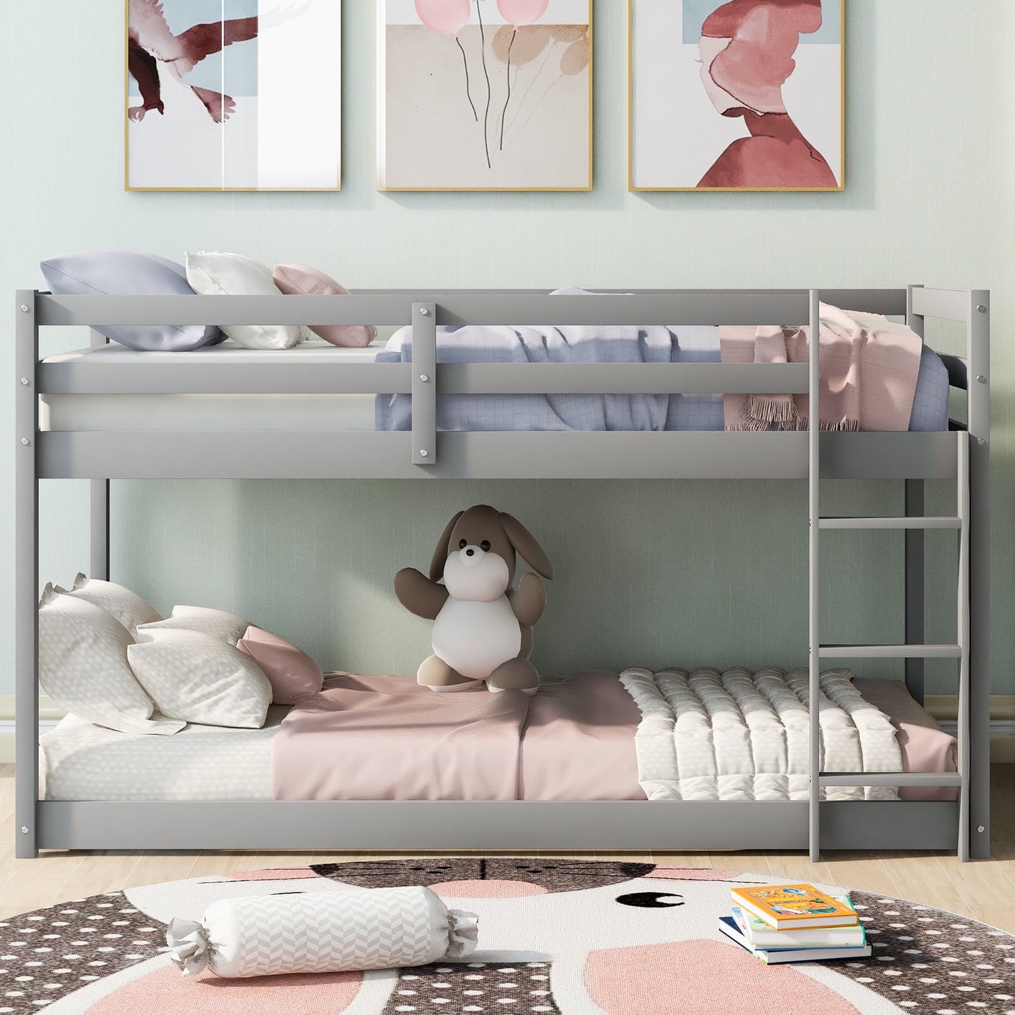 SESSLIFE Twin Over Twin Bunk Bed, Twin Bunk Bed with Durable Ladder and High Guardrail, Twin Bed Frame, Low Bunk Beds for Teens, Gray, Max 400lbs, TE872