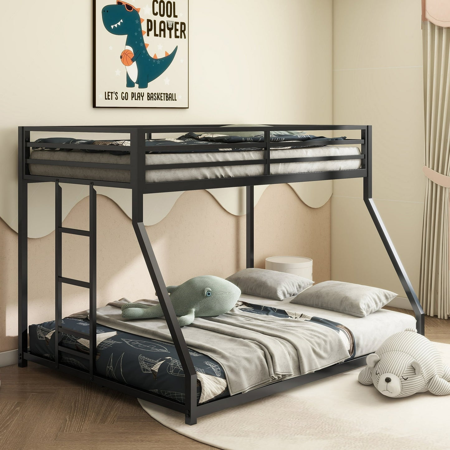 SESSLIFE Twin over Full Bunk Bed with Durable Ladder and High Guardrail, Low Bunk Beds Metal Frame for Boys Girls Teens, Easy Climbing, Max 500lbs