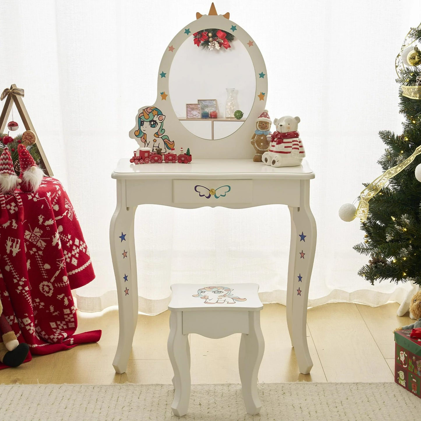 ENYOPRO Kids Vanity Table and Chair Set, Girls Vanity with Mirror & Stool, Cute Unicorn Design, Pretend Play Makeup Dressing Princess Table for Toddlers, White