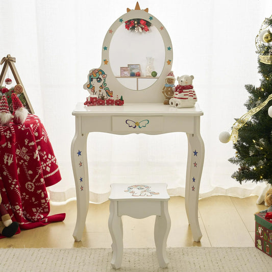 ENYOPRO Kids Vanity Table and Chair Set, Girls Vanity with Mirror & Stool, Cute Unicorn Design, Pretend Play Makeup Dressing Princess Table for Toddlers, White