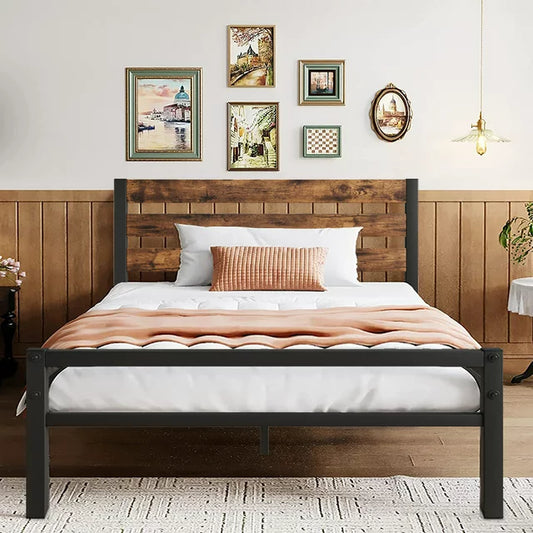 SESSLIFE Vintage Sturdy Queen Size Metal Bed Frame with Wood Headboard, Basic Bed Frame No Box Spring Needed (Queen, Black)