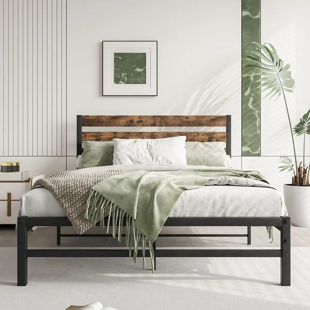 ENYOPRO Black Full Metal Bed Frame, High Metal Platform Bed w/ Wood Headboard, Adults Kids Modern Bed Frame, Mattress Foundation, No Box Spring Needed, Easy Assembly
