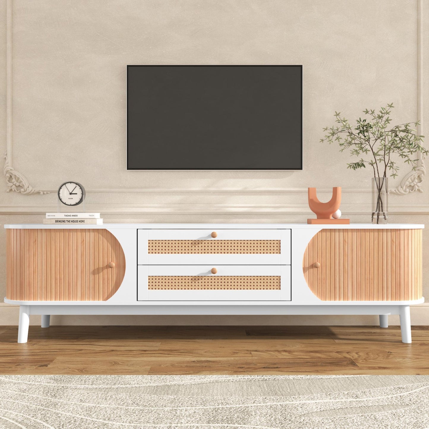 SESSLIFE TV Stand with 2 Rattan Drawers for TVs up to 75'', Farmhouse Media Console, Entertainment Center with Solid Wood Legs, TV Cabinet for Living Room, Natural+White