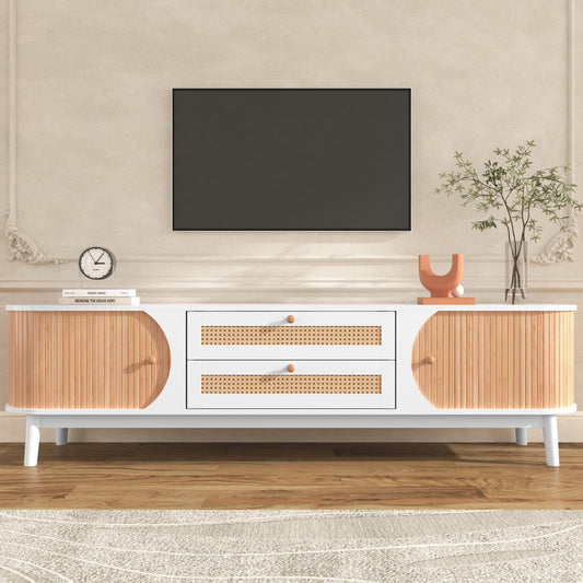 SESSLIFE TV Stand with 2 Rattan Drawers for TVs up to 75'', Farmhouse Media Console, Entertainment Center with Solid Wood Legs, TV Cabinet for Living Room, Natural+White