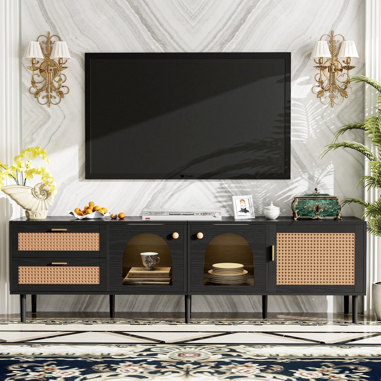 SESSLIFE Rattan TV Stand with 3 Cabinets & 2 Drawers, Rattan-inspired Media Console Table for TVs up to 80'', LED Light Entertainment Center, TV cabinet for Living room, Bedroom, Dark Brown