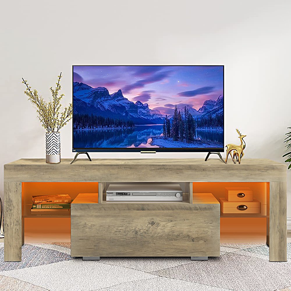 SESSLIFE Wood TV Stand for 55 inch TV, Wooden Entertainment Center Combination TV Cabinet with a Drawer, TV Console Stand Bookcase for Living Room Office