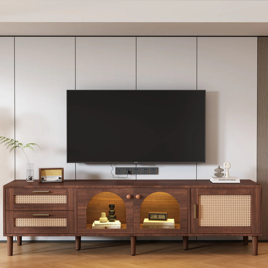 SESSLIFE Rattan TV Stand with 3 Cabinets & 2 Drawers, Rattan-inspired Media Console Table for TVs up to 80'', LED Light Entertainment Center, TV cabinet for Living room, Bedroom, Dark Brown