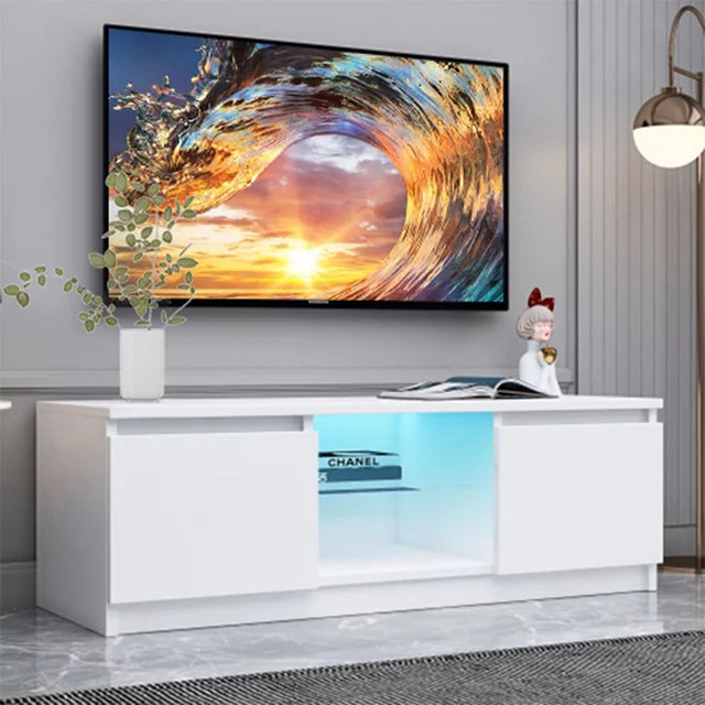 SESSLIFE TV Console Table for 55 Inch TV, White Television Stand with 16 LED Lights, TV Cabinet with Storage Space, TV Cabinet for Living Room, Bedroom