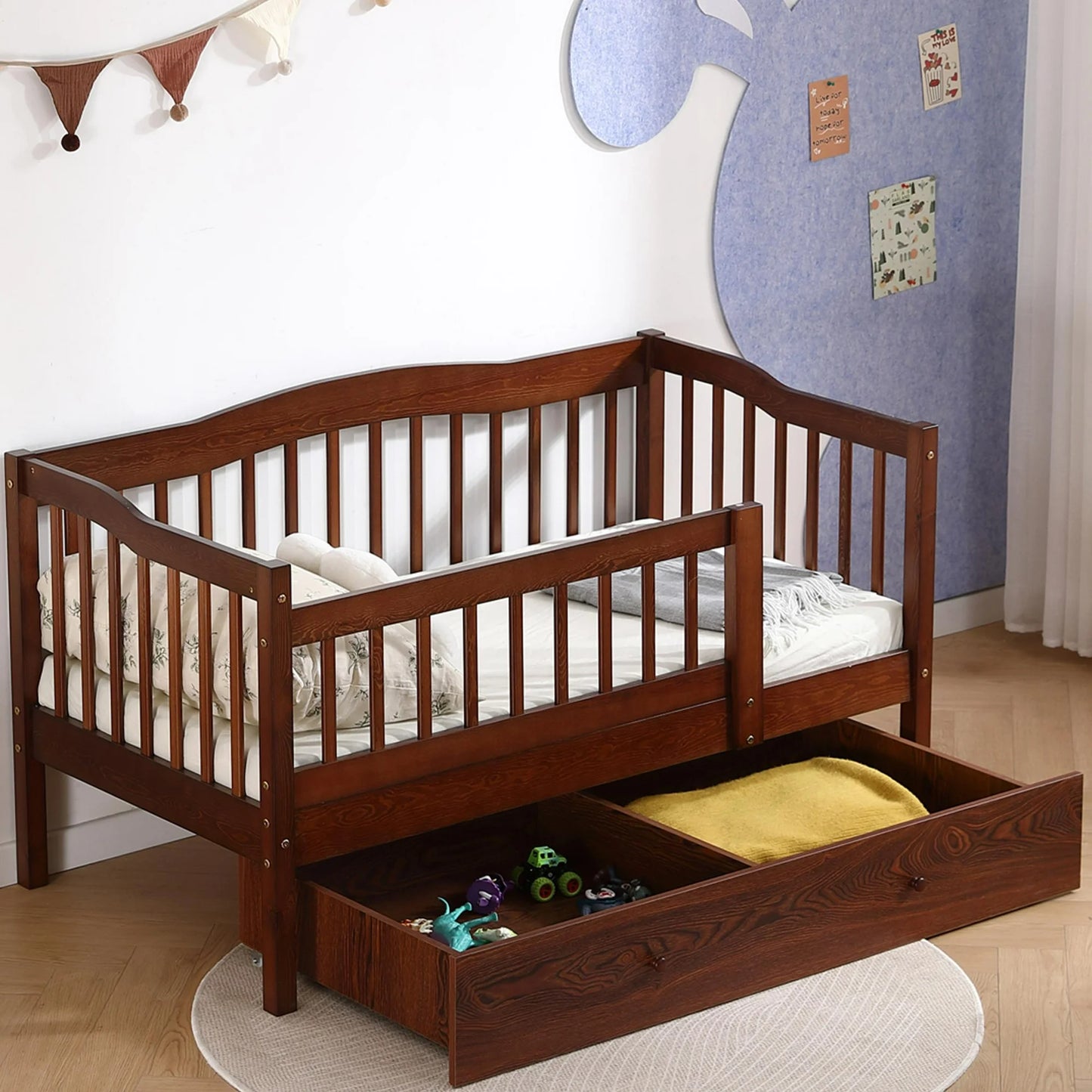 SESSLIFE Wood Toddler Day Bed with 2 Pull-Out Drawers, Kid Bed Frame with Fence Railings, No Box Spring Needed, Solid Wood Slats Supported Daybed for Toddler (White)