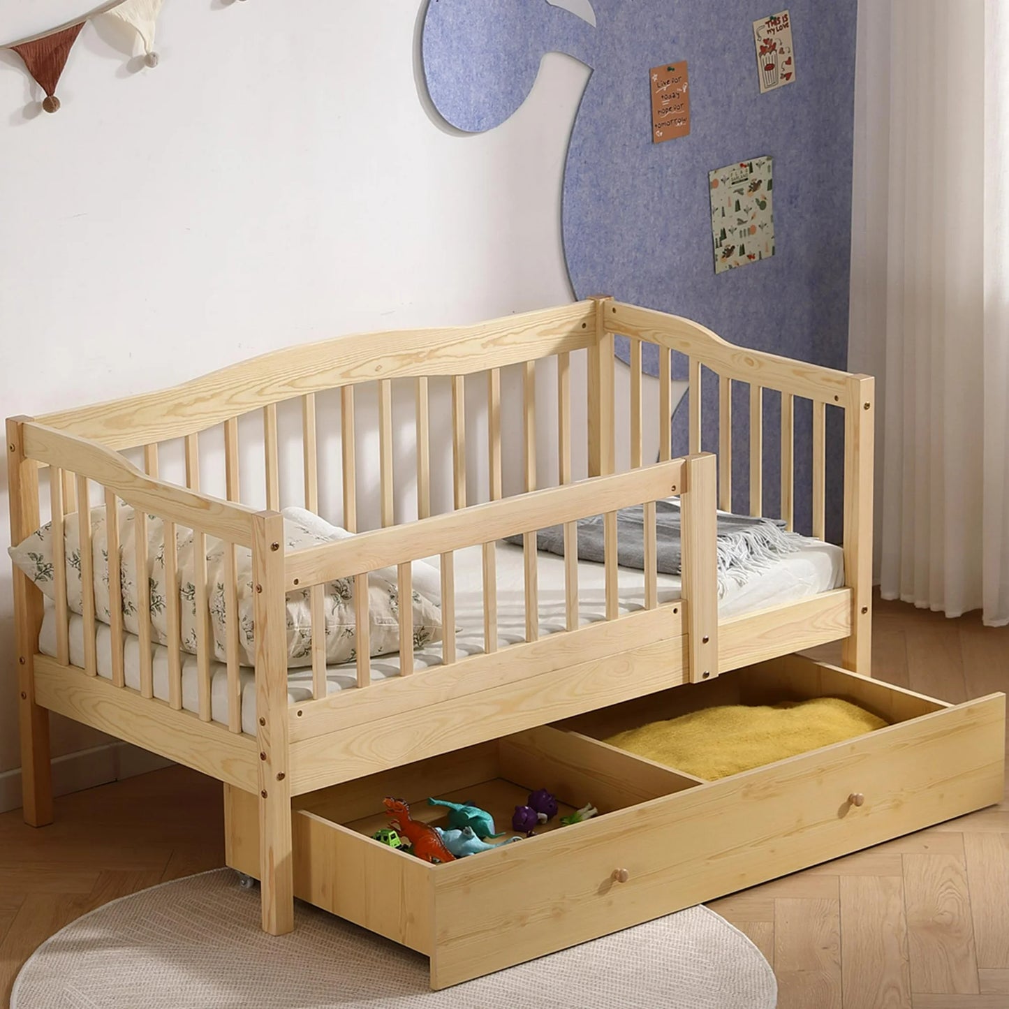 SESSLIFE Wood Toddler Day Bed with 2 Pull-Out Drawers, Kid Bed Frame with Fence Railings, No Box Spring Needed, Solid Wood Slats Supported Daybed for Toddler (White)