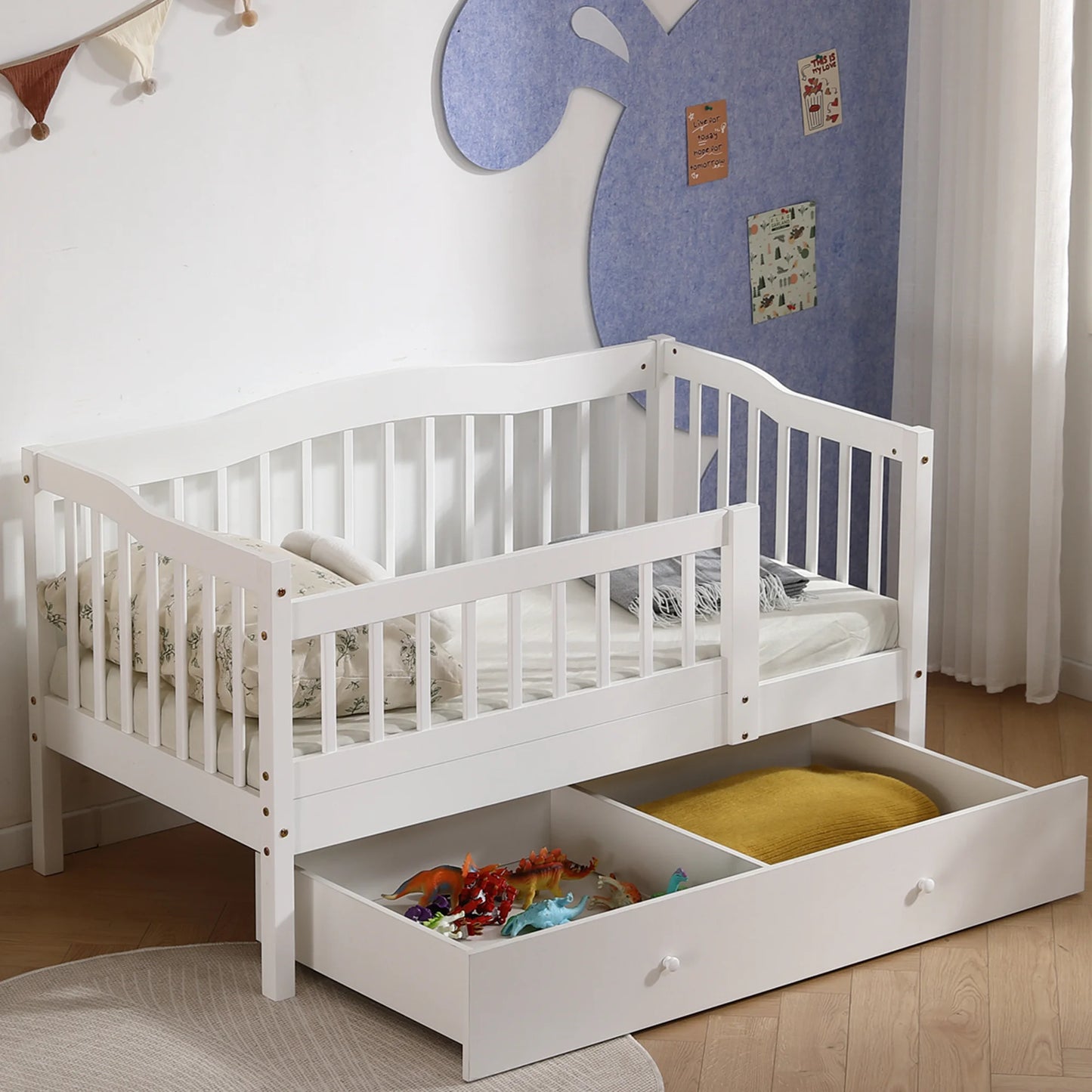 SESSLIFE Wood Toddler Day Bed with 2 Pull-Out Drawers, Kid Bed Frame with Fence Railings, No Box Spring Needed, Solid Wood Slats Supported Daybed for Toddler (White)