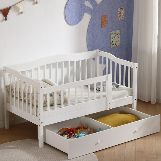 SESSLIFE Wood Toddler Day Bed with 2 Pull-Out Drawers, Kid Bed Frame with Fence Railings, No Box Spring Needed, Solid Wood Slats Supported Daybed for Toddler (White)