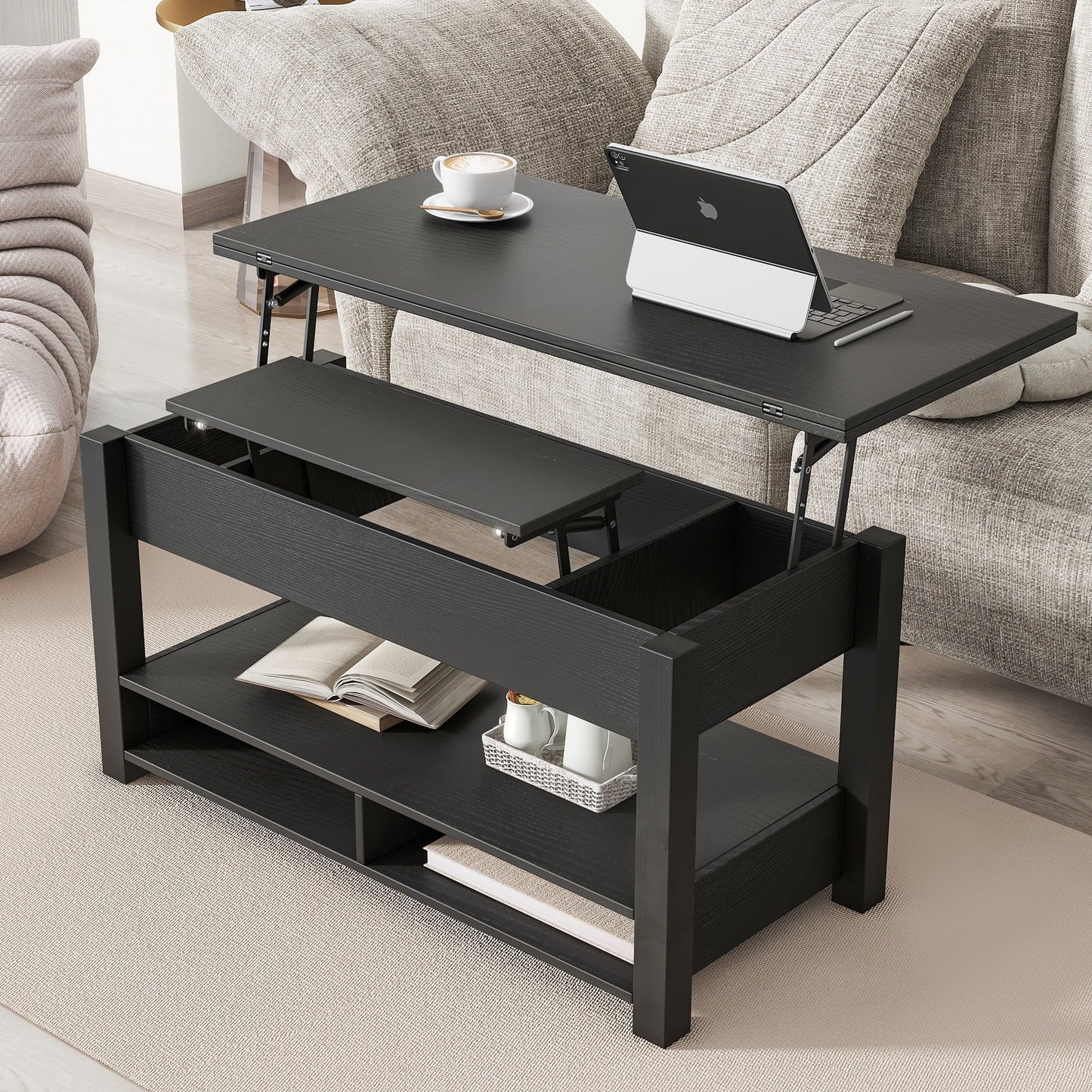 Sesslife 3 in 1 Lift Top Coffee Table, Multi-Function Coffee Table with Storage Shelf and Hidden Compartment, Modern Lift Tabletop Dining Table for Living Room, Home Office, Black