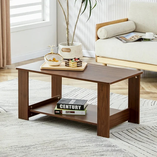 Sesslife 2-Tier Coffee Table, 35.4'' Modern Wood Coffee Table, Rectangular Coffee Table with Storage Space for Living Room, Brown