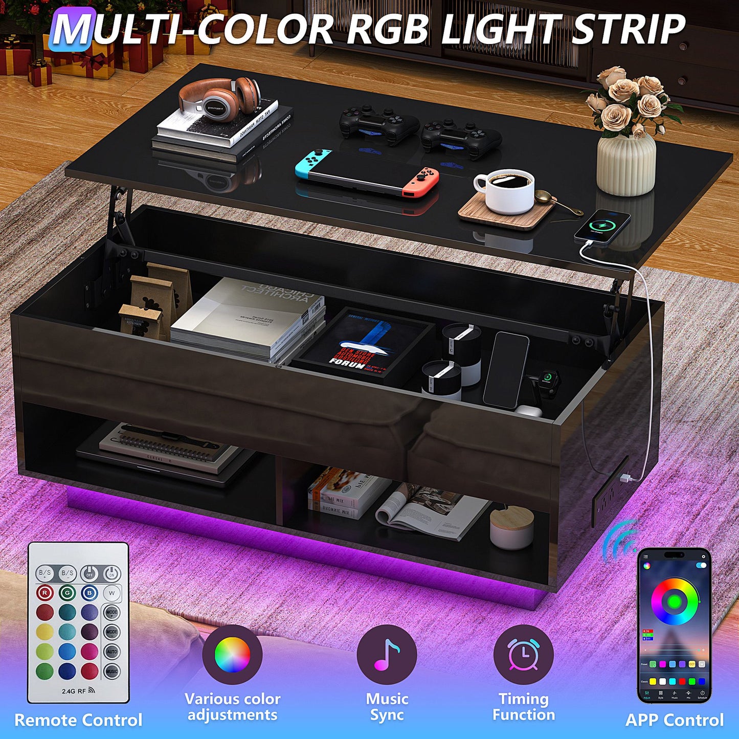 Sesslife LED Lift Top Coffee Table with Hidden Compartment and Charging Station, High Gloss Side End Table with Rising Top & Open Shelf, Rectangular Modern Center Table for Living Room, Black