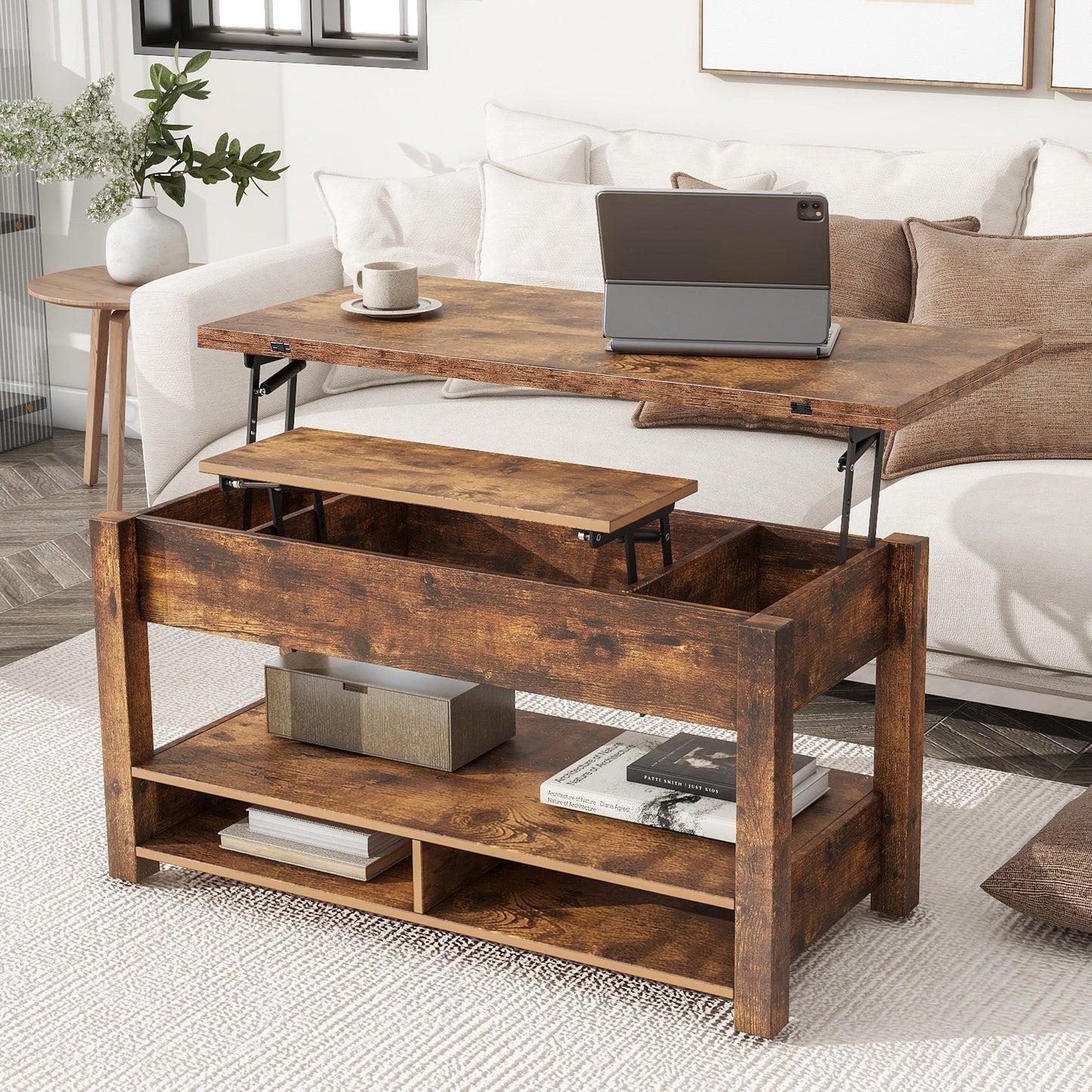 Sesslife 3 in 1 Lift Top Coffee Table, Multi-Function Coffee Table with Storage Shelf and Hidden Compartment, Modern Lift Tabletop Dining Table for Living Room, Home Office, Black