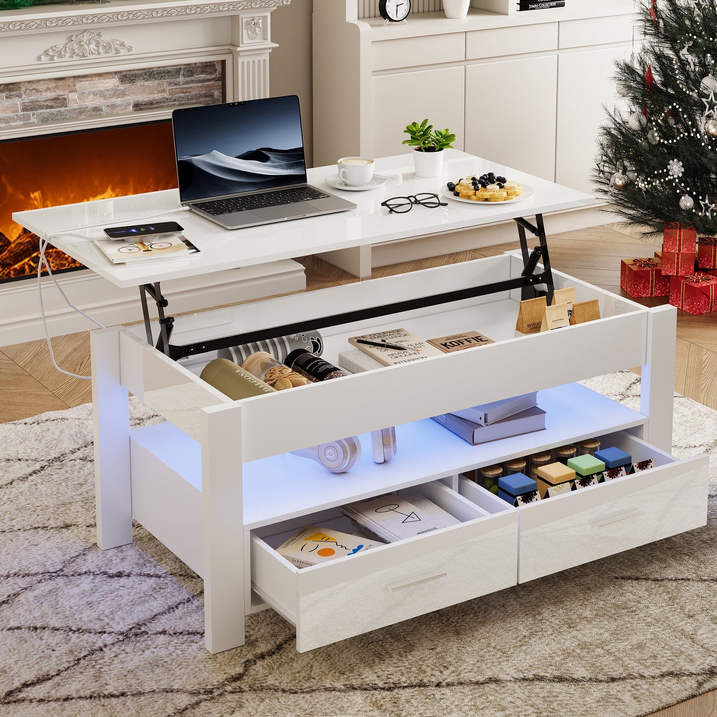 Sesslife LED Coffee Table with USB Ports and Outlets, Lift Top Coffee Table with 2 Storage Drawers, High Gloss Rectangular Modern Center Table with Hidden Compartment for Living Dining Room, Black