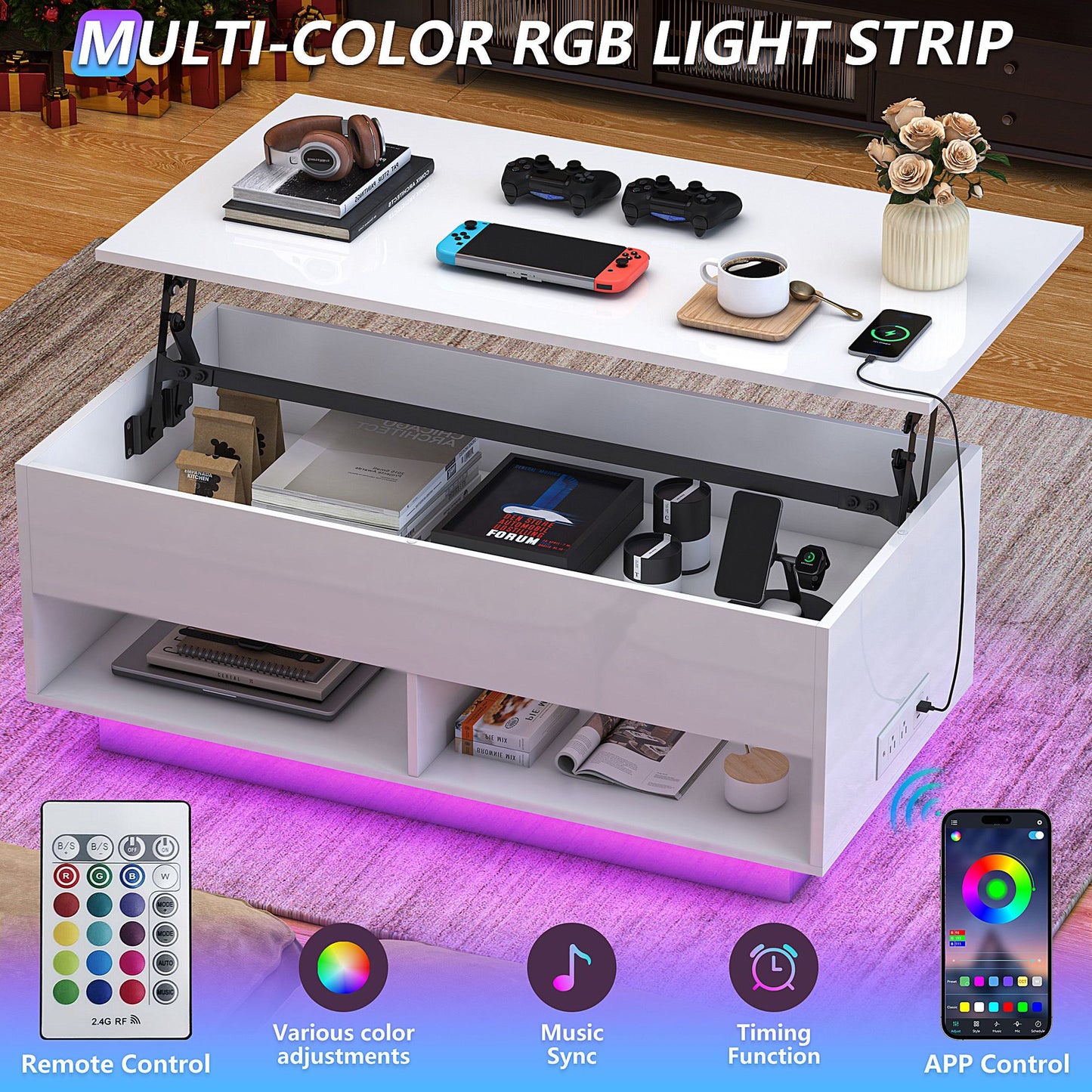 Sesslife LED Lift Top Coffee Table with Hidden Compartment and Charging Station, High Gloss Side End Table with Rising Top & Open Shelf, Rectangular Modern Center Table for Living Room, Black