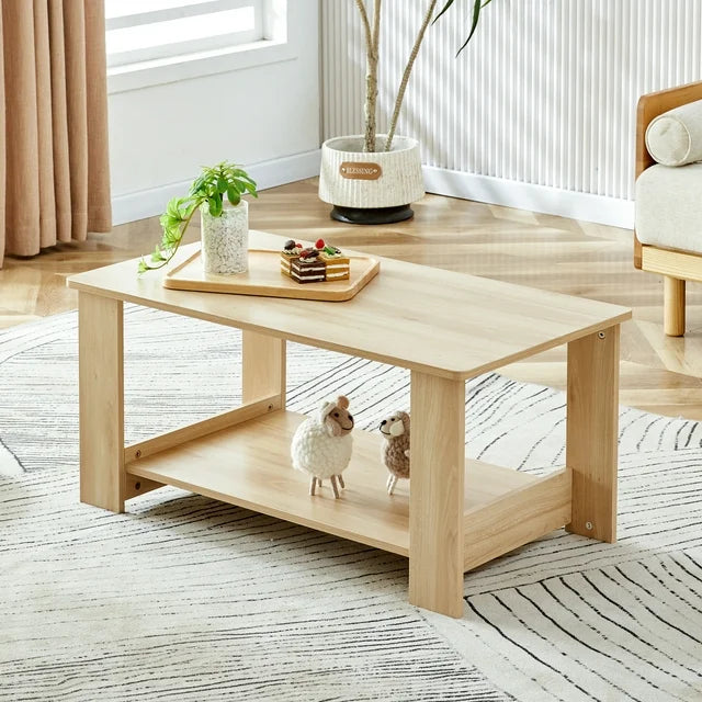 Sesslife 2-Tier Coffee Table, 35.4'' Modern Wood Coffee Table, Rectangular Coffee Table with Storage Space for Living Room, Brown