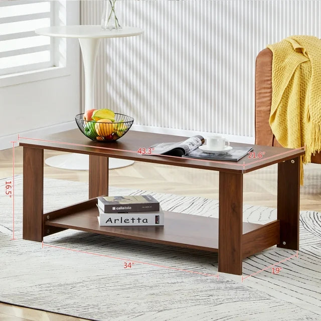 Sesslife 2-Tier Coffee Table, 35.4'' Modern Wood Coffee Table, Rectangular Coffee Table with Storage Space for Living Room, Brown