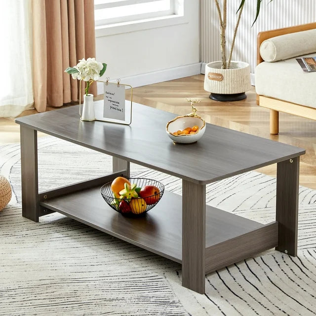 Sesslife 2-Tier Coffee Table, 35.4'' Modern Wood Coffee Table, Rectangular Coffee Table with Storage Space for Living Room, Brown