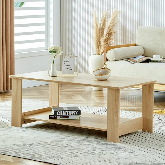Sesslife 2-Tier Coffee Table, 35.4'' Modern Wood Coffee Table, Rectangular Coffee Table with Storage Space for Living Room, Brown