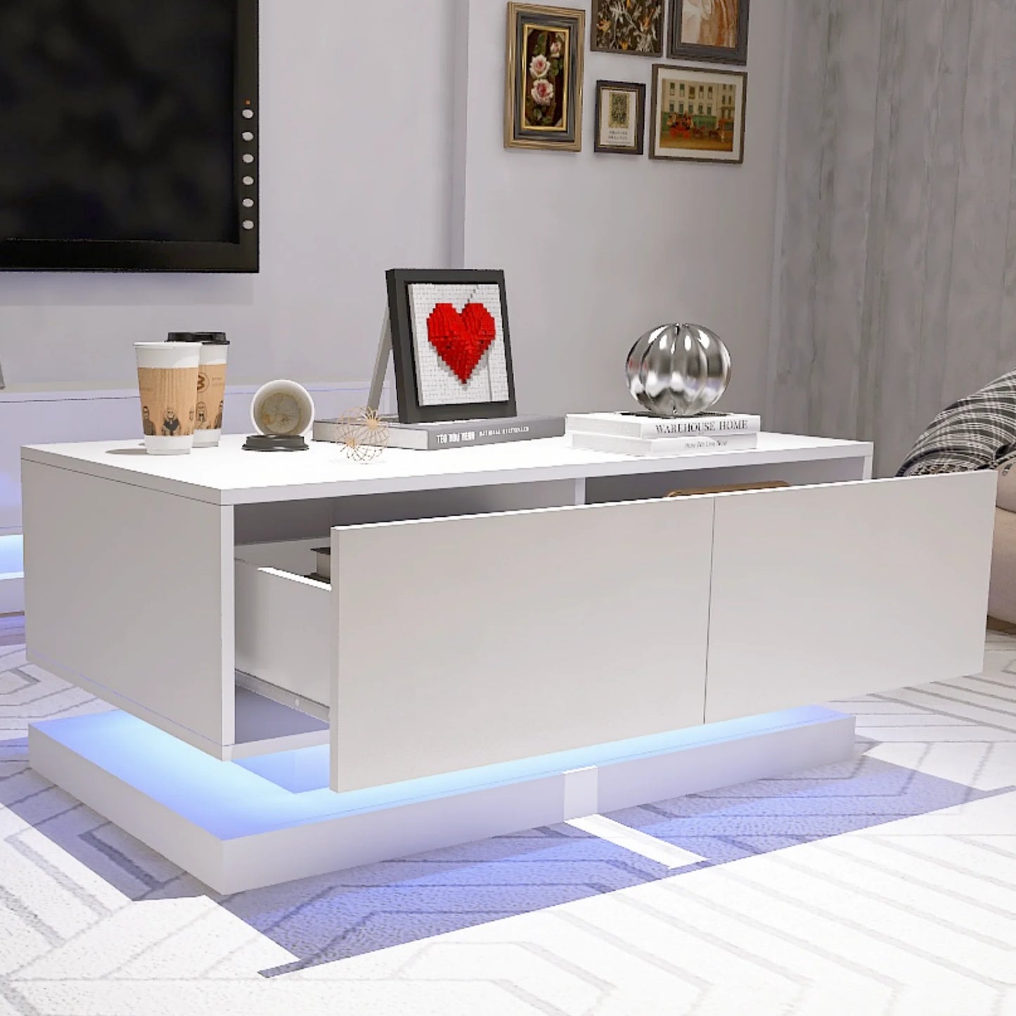 Sesslife Modern 39.4" LED Coffee Table with Storage Drawers, Coffee Tables, Living Room Center Table for Living Room, Home Office
