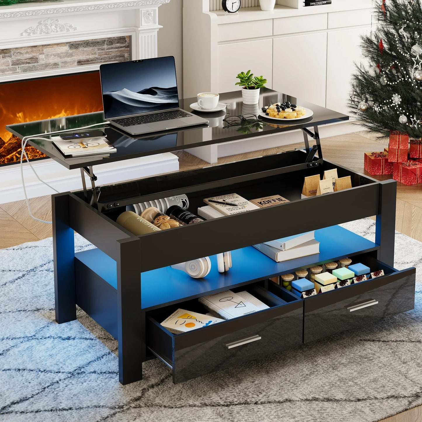 Sesslife LED Coffee Table with USB Ports and Outlets, Lift Top Coffee Table with 2 Storage Drawers, High Gloss Rectangular Modern Center Table with Hidden Compartment for Living Dining Room, Black